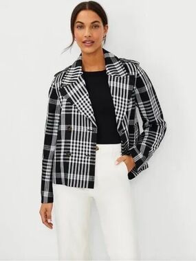 Ann Taylor Workwear Black and White Plaid Double-Breasted Blazer Women’s Large